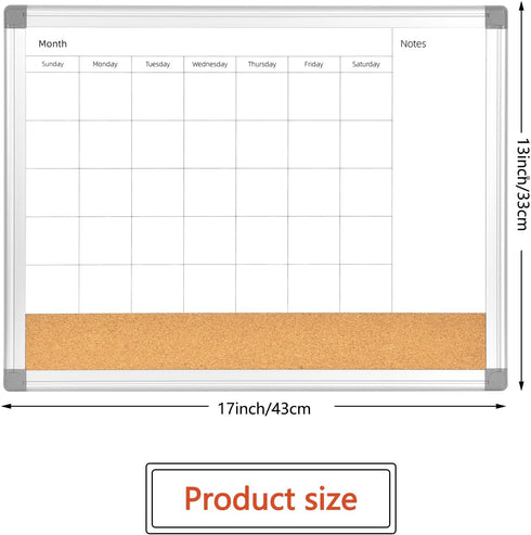 Upgraded Monthly Calendar Dry Erase White Board & Cork Bulletin Board,13" x 17" Aluminum Frame,Magnetic Surface Whiteboard.Perfect for Organizing Your Space.Whiteboard+Cork-LK3343B by Umtiti