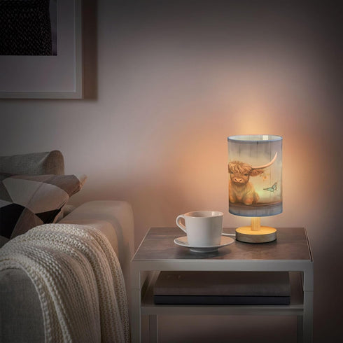 panksolu Highland Cow Baby Bedside Table Lamp with USB Port Nightstand Lamps Night Light Linen Fabric Shade Cylinder