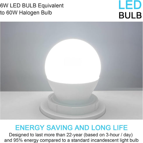 6W E26 Small Globe LED Bulb 60W Equivalent G45/A15 E26 Standard Screw Base 120V-265V Frosted Daylight White, 2 Pack