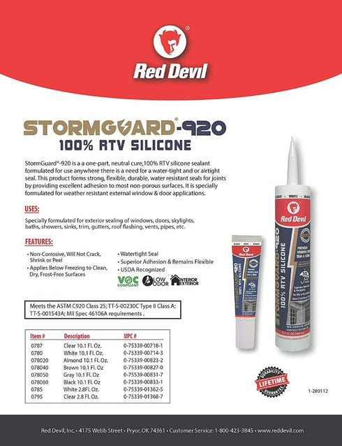 Red Devil 0780 StormGuard 920 100% RTV Silicone Window and Door Sealant, A Water-Resistant Adhesive for Interior and Exterior Use, 10.1 oz. Tube, White, 1-Pack by Red Devil