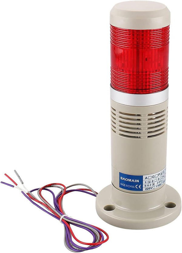Baomain Alarm Warning Light, 24V DC Industrial Buzzer, Continuous Red LED Signal Tower LTP-502TJ