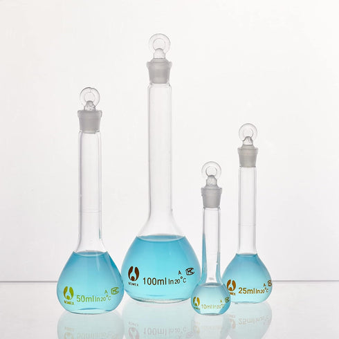OLYCRAFT 4pcs Volumetric Flask Set, 10ml/25ml/50ml/100ml with Glass Cap for Laboratory Projects
