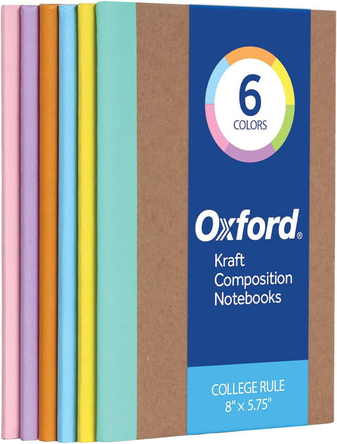 Oxford Composition Notebook 6 Pack, 5.75 x 8 Inches, College Ruled Paper, 60 Sheets, Assorted Pastel Spines Kraft Covers