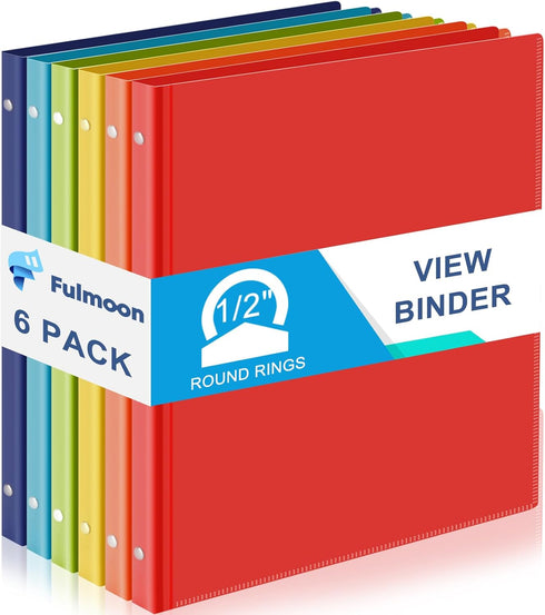 Fulmoon 6 Pack Plastic 3 Ring Binder, Assorted Colors, Flexible Round Ring Presentation Binders with Pocket (Bright,