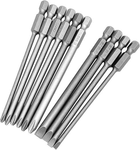 10pcs 100mm Magnetic Flat Slotted Phillips Screwdriver Bit Set - 1/4 Inch Hex Shank S2 Steel Drill Bits.