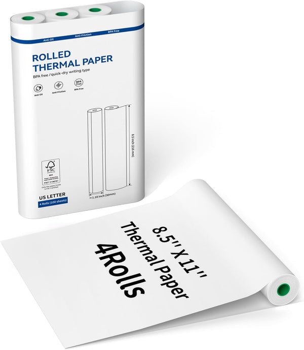 Thermal Printer Paper 8.5''x11'' US Letter Size, 4 rolls, 100 sheets, Thermal