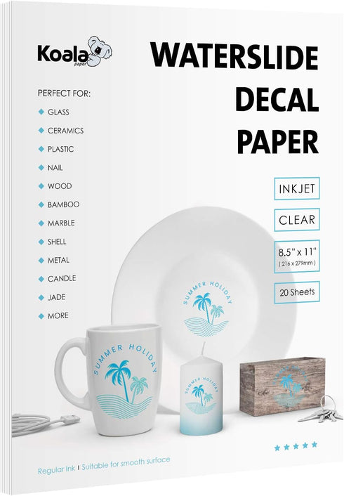 Koala Waterslide Decal Paper, 20 Sheets 8.5x11 Inch Clear Water Slide Transfer Paper for DIY Tumbler & Mug