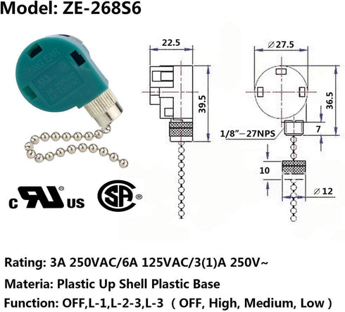 ZE-268S6 Fan Switch, Zing Ear 3 Speed Pull Chain Control Switch, 4 Wire Replacement for Hunter Ceiling Fan