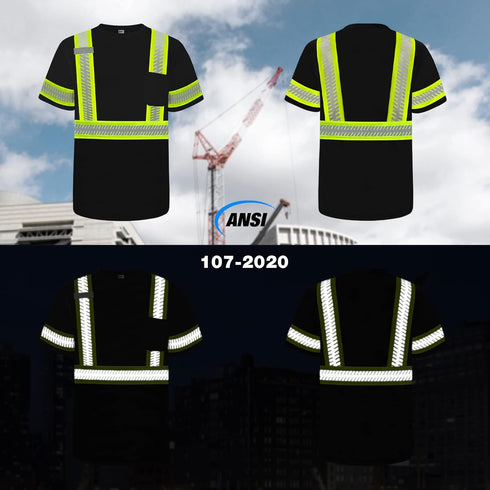 TCCFCCT High Visibility Shirts for Men Class 3 Hi Vis Reflective Safety Shirts for Men Women, Short Sleeve Construction Work Shirts with Green Extend Edge, Meet ANSI, Durable & Breathable, DT-Black L
