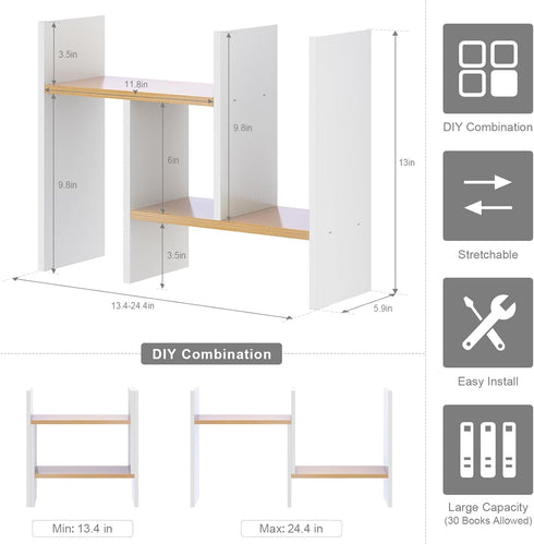 Small Desktop Bookshelf, White Desk Organizers and Storage, Expandable Desk Organization Shelves, Adjustable Narrow