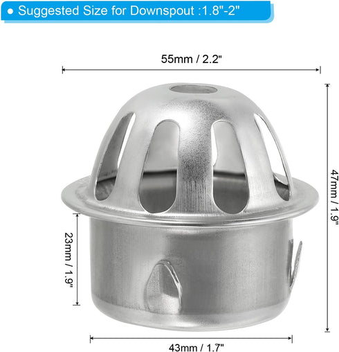 PATIKIL Dome Gutter Guard Filter, 2 Pack 304 Stainless Steel Downspout Strainer, Anti-Blocking Outdoor Gutter Cleaning Tool for Stops Leaves Debris, Fits 1.8-2 Inch