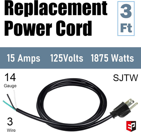 EP 2 Pack 3 ft 14/3C SJTW Appliance and Power Tool Cord, 14 Gauge 3 Prong Heavy Duty Replacement Power Supply Cord Cable, 110V 115V 120V AC Pigtail, 15A, 1875w