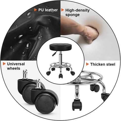 KKTONER Round Rolling Stool Chair PU Leather Height Adjustable Swivel Drafting Work SPA Shop Medical Salon Stools