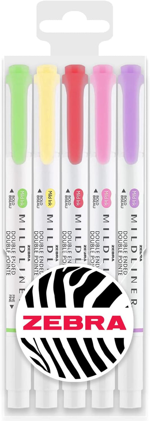Zebra Mildliner Creative Marker Highlighter Pens, Double Ended, Chisel & Bullet Tip, Wallet Set of 5
