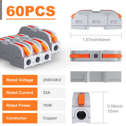 60pcs Lever Wire Connectors Push-in, 1 to 1 Inline Electrical Wire Connector, Lever Nuts Wire Connectors Quick Connect Splice Wire Connectors