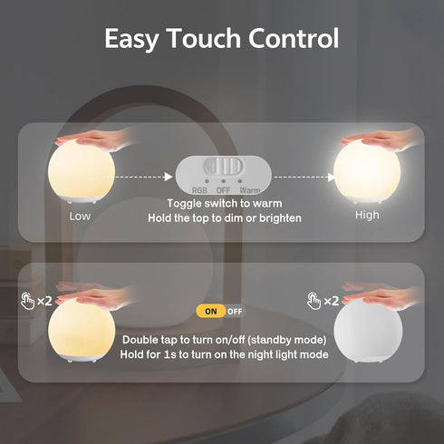 Dimming 7 30/60 Baby Night Light, Rechargeable Touch Control Night Light with Stepless & RGB Color Change, Soft