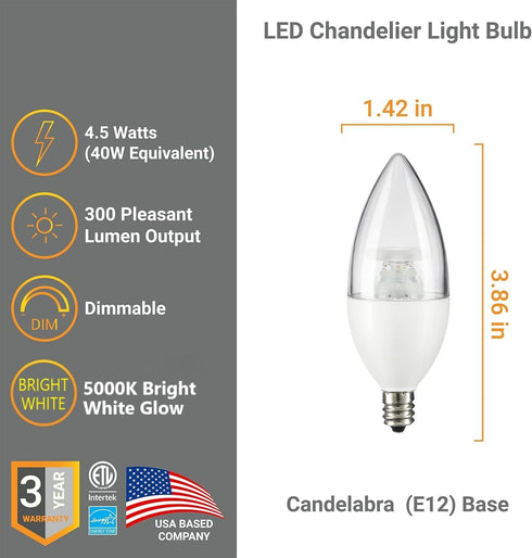 E12 Bulbs B11 Bulb Dimmable 4.5W (40W 5000K 300 Diodesy- LED Candelabra Candle Base Chandelier Light Equivalent) Bright