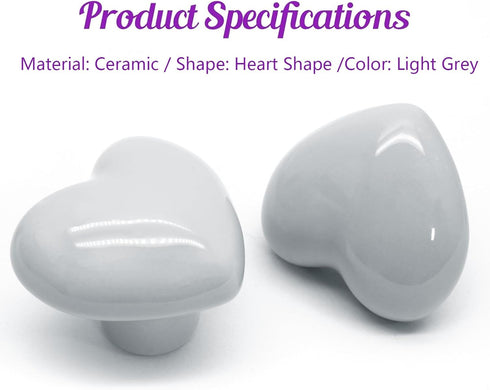 2pcs Light Grey Ceramic Cabinet Knobs, Heart Shaped Drawer Pulls for Kitchen, Cute Vanity Knobs for Kids Girls Bedroom