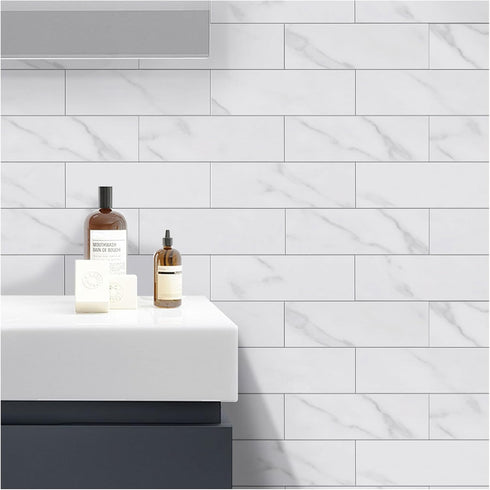 Yew & Tulip 30 PCS Peel and Stick Subway Tile for Kitchen Backsplash, 3"x9" White Marble Faux Stone