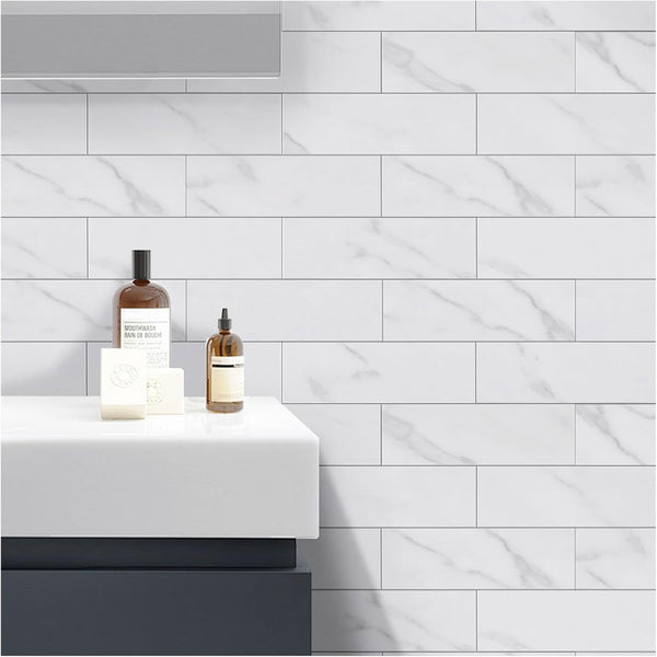 Yew & Tulip 30 PCS Peel and Stick Subway Tile for Kitchen Backsplash, 3"x9" White Marble Faux Stone