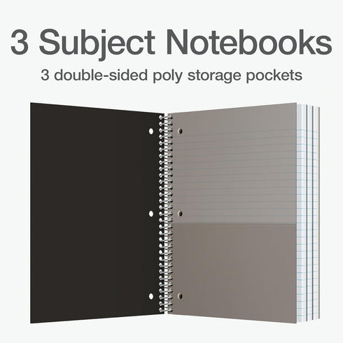 Oxford 3 Subject Spiral Notebook, College Ruled, 6 Pack, Water Resistant Poly Cover, 150 Sheets
