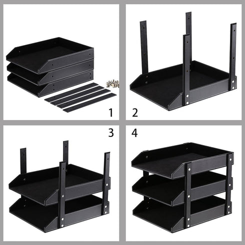 Leather Desk Organizer, Thipoten 3-Tier Stackable Letter Tray Holder for Office Supplies, Black-3Tiers