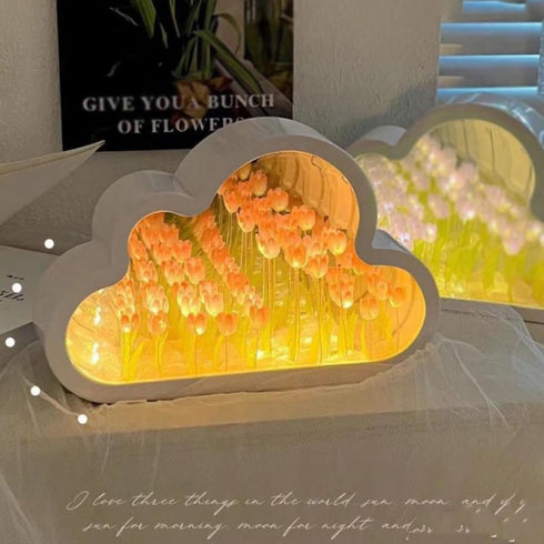 (20 LOGAZOO Flower) Tulip Lamp Night Light with Mirror, Assembled Artificial Flower Lamp Table Light Bedroom Decoration