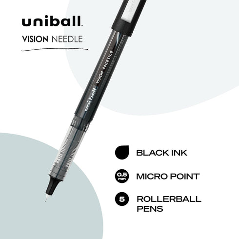 Uni-Ball 1734927 Vision Needle Rollerball Pens, Micro Point 0.5Mm, 5 Count, Black