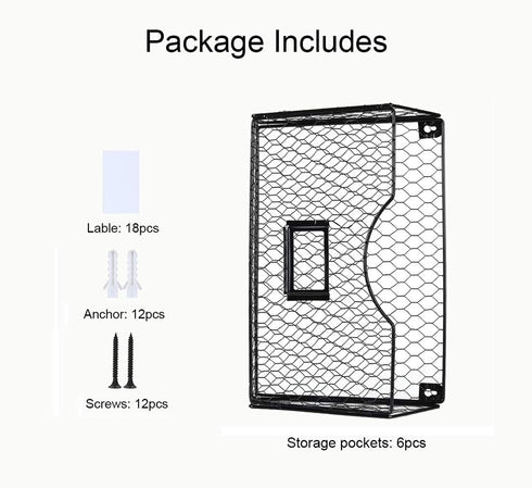 6 PAG Pockets Hanging File Holder Wall Mount Mail Organizer Metal Chicken Wire Magazine Rack with Tag Slot, Black