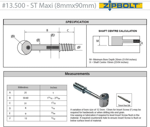 Zipbolt UT 13.500 ST Maxi 8mm Knock Down Connector, 10 Pack for Connecting Furniture Legs and Rails