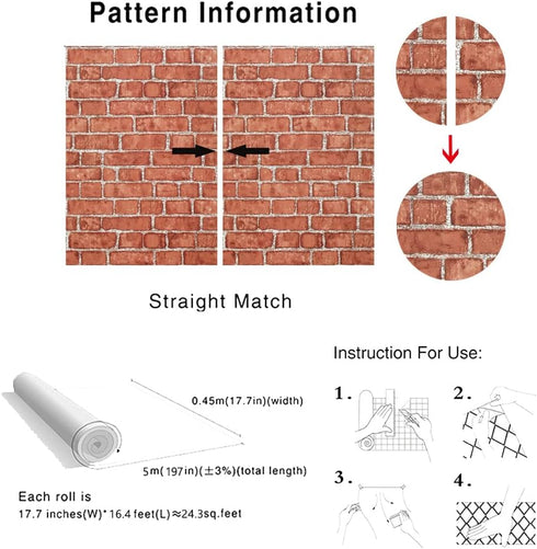 Cohoo Home Red Peel and Stick Wallpaper, 18 197 Faux 3D Brick Wall Paper, Self Adhesive Removable Wallpaper Brick