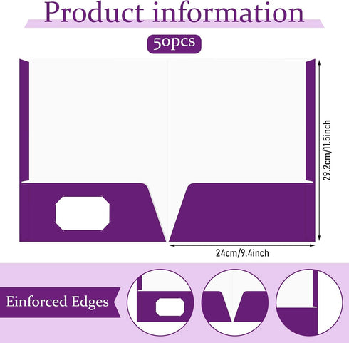 Jutom 50 Pcs Glossy Laminated Paper Folders, 2 Pocket Presentation Portfolios (Purple)
