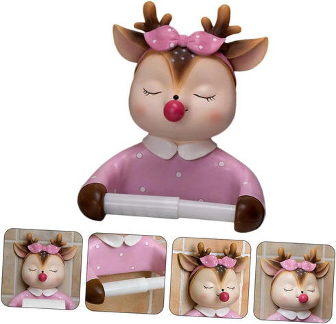 SILENRADAWN Cartoon Toilet Paper Holder Cute Deer Wall-Mounted Tissue Rack No-Drill Decorative Bathroom Roll Storage