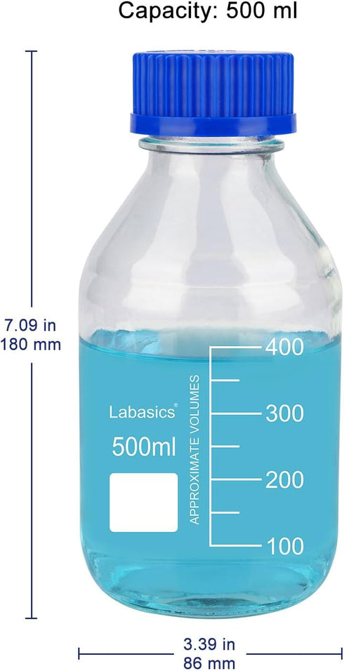 Round Media Storage Bottles with GL45 Blue Screw Cap, Borosilicate Glass Clear Wide Mouth Graduated Round Bottle