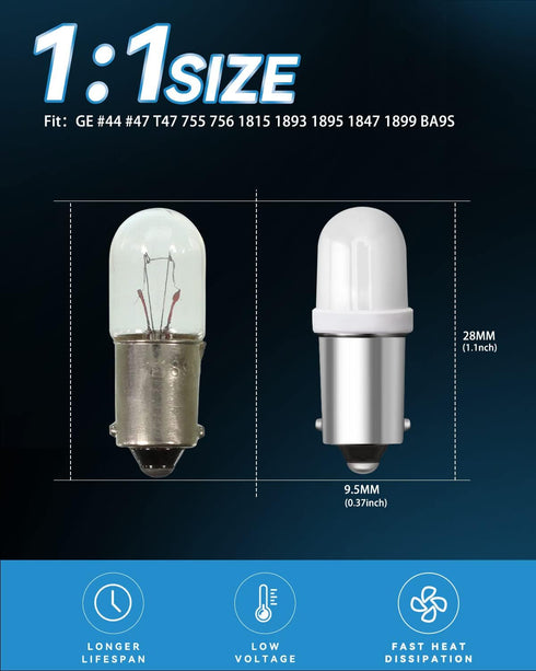 Keiurot GE44 47 Bulb BA9S DC AC 6.3V 6V Pinball Machine Light Bulb Warm White Nonpolarity Pack of 15