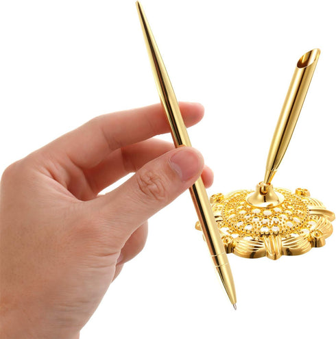 Outus 2 Pieces Wedding Pens for Guest Book Signing, Metal Hollow Round Holder Stand Set for Wedding Supplies
