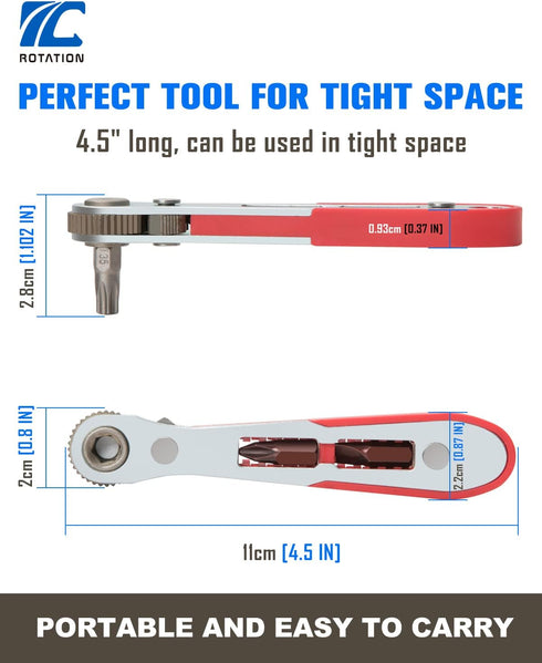 ROTATION 44pc Bit Set, 1/4 Mini Ratchet Offset Screwdriver, Portable Case, CR-V Steel, Multi Hex/Phillips Bits
