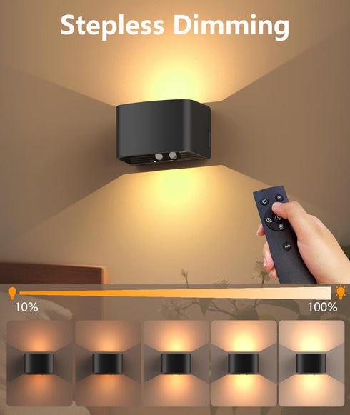 Ainostone Dimmable 2 Pack Motion Sensor Rechargeable Wall Lights Wireless Wall Sconces with Remote Control Up and Down