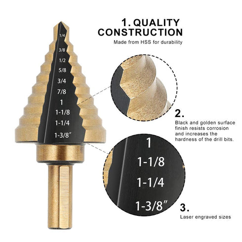 COMOWARE Step Drill Bit Set & Automatic Center Punch - Black and Gold, High Speed Steel, Set of 5 pcs