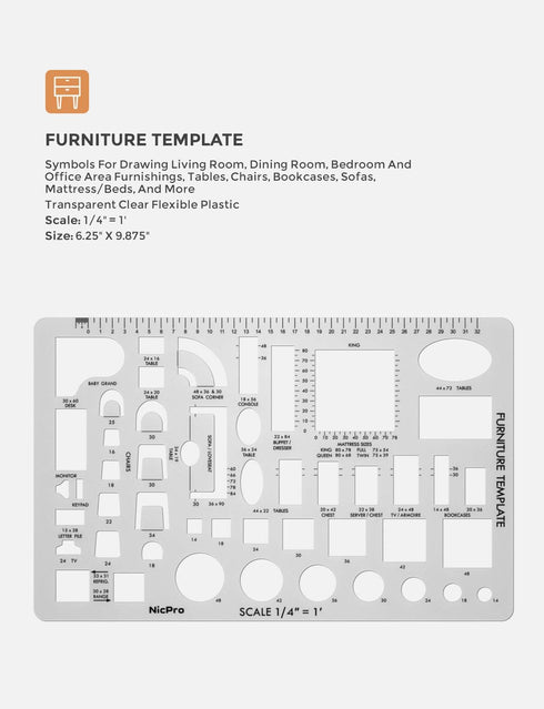 Nicpro Architectural Drafting Tools, 3 PCS Templates for House Plan Furniture, Interior Design CAD Drawing