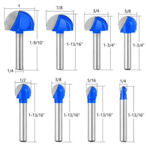 8Pcs Cemented Carbide Router Bit Cove Box for Woodworking, 1/4" Shank Round Nose, Cutting Diameter 1/4" to 1"