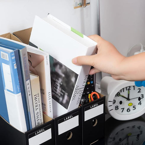 Foldable Desk File Holder Organizer - Sturdy Cardboard Magazine Storage Box with Blank Label Stickers, Matte Black