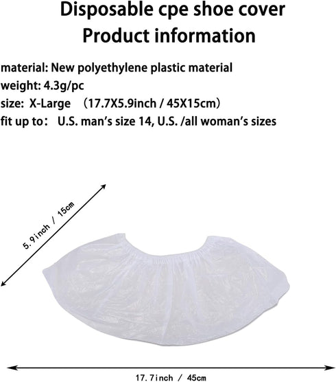 X-Large Disposable Shoe Covers 100Pcs, Waterproof Boot Cover, Dust Proof Non-slip CPE Protectors, White, One Size