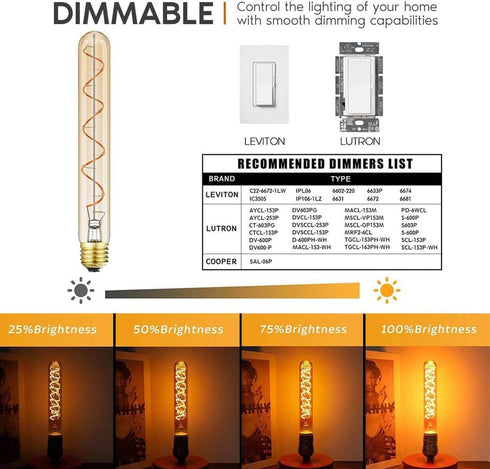 Leools Vintage LED Spiral Filament Bulb T10, 8.9inch Long, Dimmable Edison Light Bulbs, E26 Base, 4 Pack.