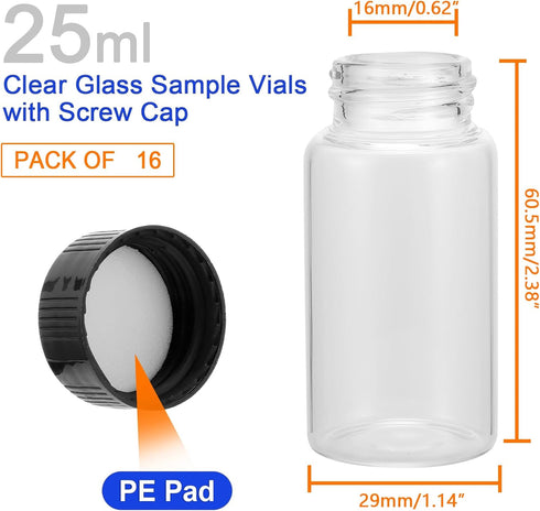 Kesell 25ml Transparent Control Spiral Glass Sample Bottle - Small Glass Bottle with Screw Cap, Pack of 16