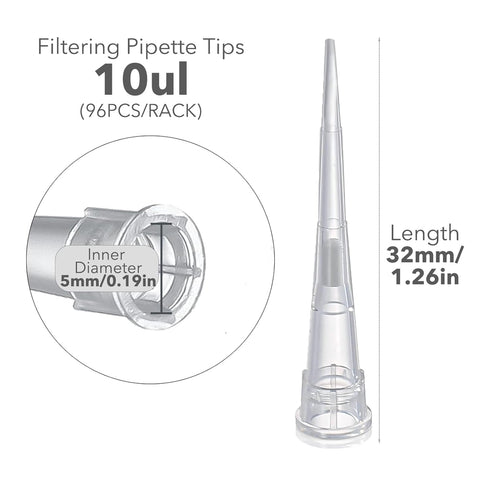 10ul Filter Pipette Tips 96Pcs x 1Rack, RNase DNase Free, Pryogen Safe, Universal MicroPipette Tips with Filter, Filtering Tips for Pipettor