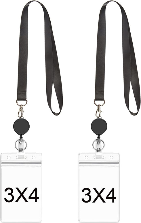 YOUOWO Black Lanyards with ID Badge Holder, 4x3 Vertical and Retractable Badge Reel Protector, 2 Pack