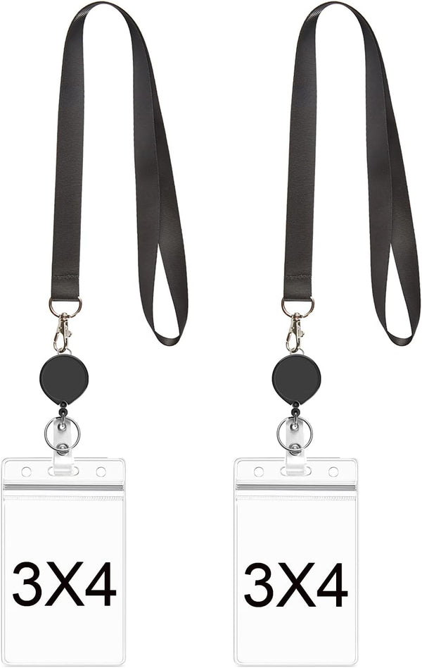 YOUOWO Black Lanyards with ID Badge Holder, 4x3 Vertical and Retractable Badge Reel Protector, 2 Pack