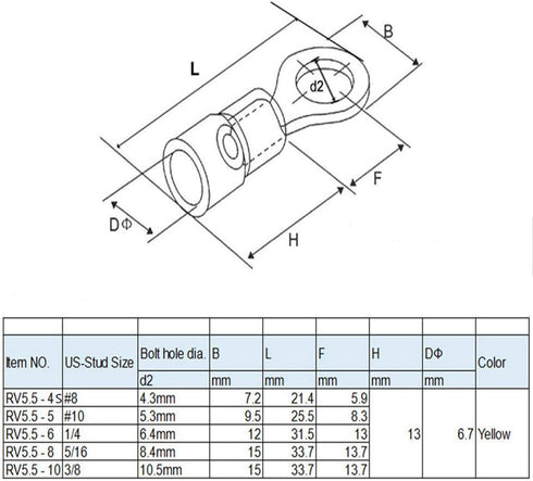 100PCS Yellow Insulated Ring Terminal Electrical Wire Crimp Connectors, Stud Size 5/16 for Cable 12-10 AWG (RV5.5-8)