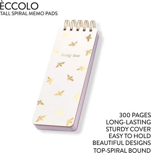 WORLD TRAVELER Eccolo Tall Spiral Memo Pad, 300 Pages, 150 Sheets, Double Spiral Binding, Office Essentials for Work, List Notepad for Students, Class and Shopping, Busy Bee (3x8.5 inches)